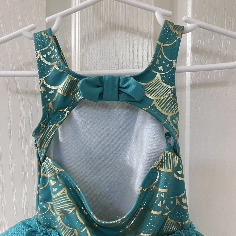 Cat & Jack Teal and Gold Mermaid Tulle Tutu One Piece Swimsuit Girls 12 Months